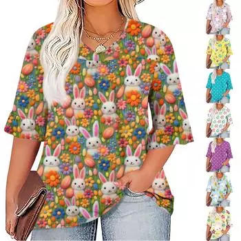 Женская мода повседневная Пасха принтованная V-образный вырез рукав семь минут оборки рукав футболка топы плюс размер женская XXXL