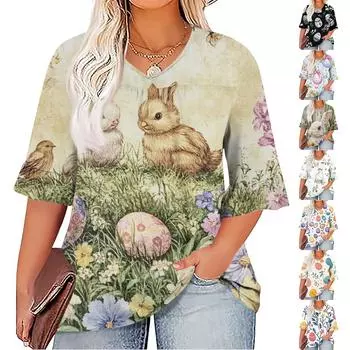 Женская мода повседневная Пасха принтованная V-образный вырез рукав семь минут оборки рукав футболка топы плюс размер женская XXXXL зелёный