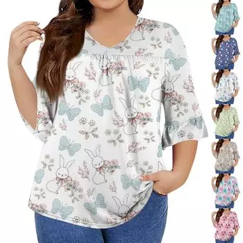Женская мода повседневная Пасха принтованная V-образный вырез рукав семь минут оборки рукав футболка топы плюс размер женская XXL белый