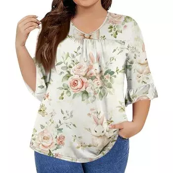 Женская мода повседневная Пасха принтованная V-образный вырез рукав семь минут оборки рукав футболка топы плюс размер женская XL