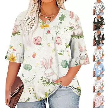 Женская мода повседневная Пасха принтованная V-образный вырез рукав семь минут оборки рукав футболка топы плюс размер женская XXL