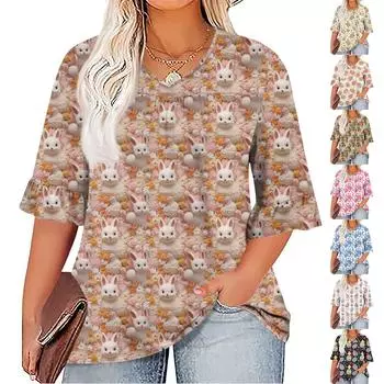 Женская мода повседневная Пасха принтованная V-образный вырез рукав семь минут оборки рукав футболка топы плюс размер женская XXXL коричневый