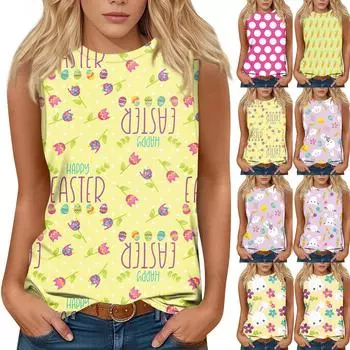 Женская мода повседневная пасхальная футболка с круглым вырезом без рукавов L армия зеленый