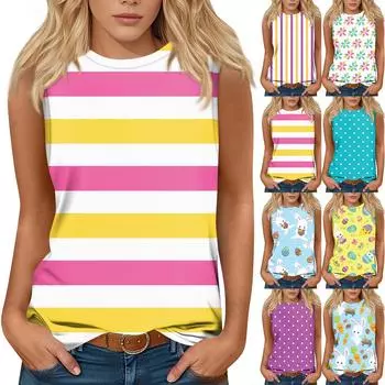 Женская мода повседневная пасхальная футболка с круглым вырезом без рукавов XXXL красный