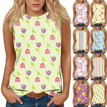 Женская мода повседневная пасхальная футболка с круглым вырезом без рукавов S бежевый