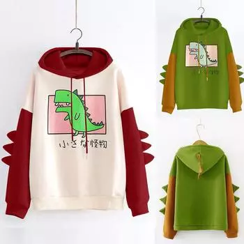 Женская мода повседневная печать с длинным рукавом сращивание динозавров толстовка топы L красный