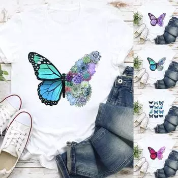 Женская мода, повседневная печать, свободные удобные топы, футболка, блузка L синий