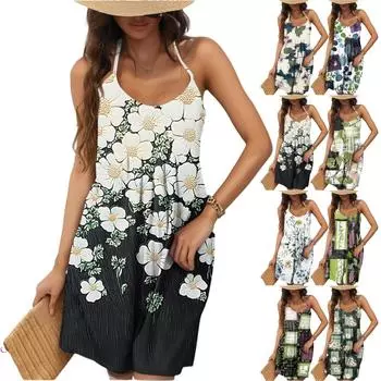 Женская мода повседневная пижама без рукавов с цветочным принтом и спиной-борцовкой S чёрный