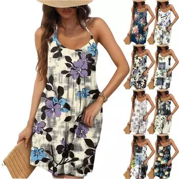 Женская мода повседневная пижама без рукавов с цветочным принтом и спиной-борцовкой S тёмно-синий