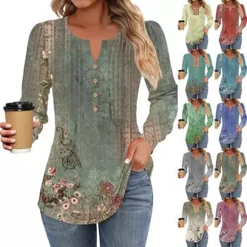 Женская мода повседневная плиссированная футболка с круглым вырезом и декоративными пуговицами и цветами с длинным рукавом L синий