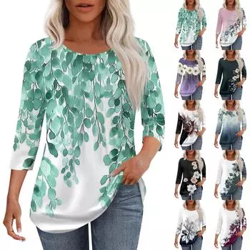 Женская мода повседневная плиссированная футболка с круглым вырезом и принтом с рукавом три четверти XXL циан