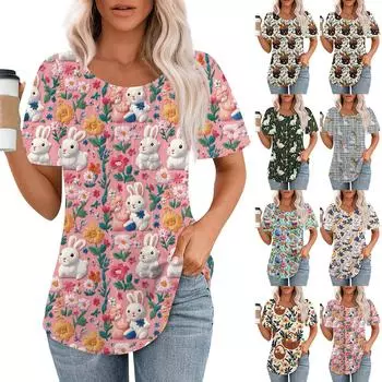 Женская мода повседневная плиссированная футболка с круглым вырезом и принтом с коротким рукавом L коричневый