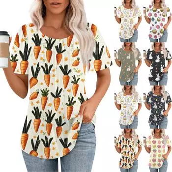 Женская мода повседневная плиссированная футболка с круглым вырезом и принтом с коротким рукавом XXXL