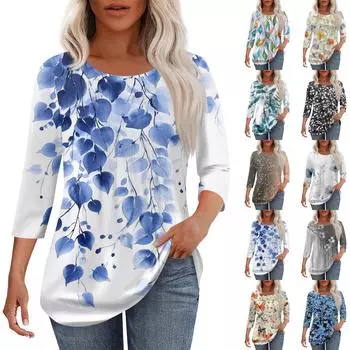 Женская мода повседневная плиссированная футболка с круглым вырезом и принтом с рукавом три четверти XL чёрный