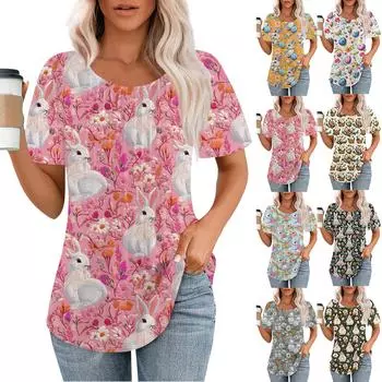 Женская мода повседневная плиссированная футболка с круглым вырезом и принтом с коротким рукавом XL оранжевый