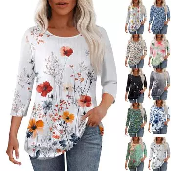 Женская мода повседневная плиссированная футболка с круглым вырезом и принтом с рукавом три четверти XXL