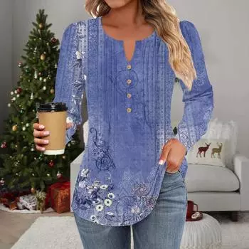 Женская мода повседневная плиссированная футболка с круглым вырезом и декоративными пуговицами и цветами с длинным рукавом S темно-зеленого