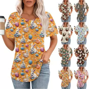 Женская мода повседневная плиссированная футболка с круглым вырезом и принтом с коротким рукавом S