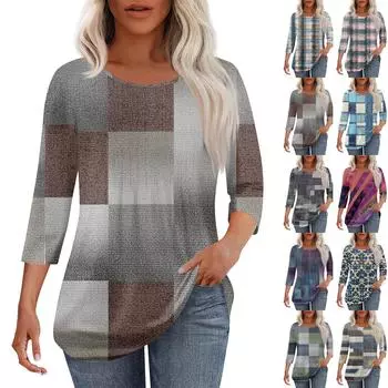 Женская мода повседневная плиссированная футболка с круглым вырезом и принтом с рукавом три четверти S