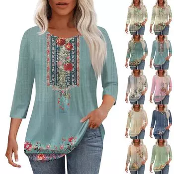 Женская мода повседневная плиссированная футболка с круглым вырезом и принтом с рукавом три четверти XXXL