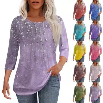 Женская мода повседневная плиссированная футболка с круглым вырезом и принтом с рукавом три четверти XXL