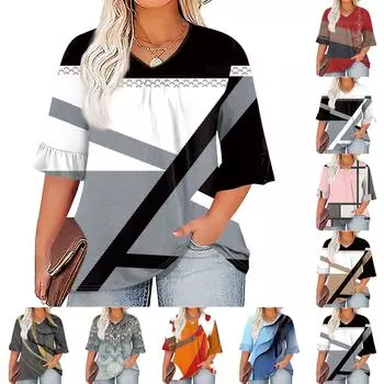 Женская мода, повседневная плиссированная футболка с v-образным вырезом и принтом, семиминутная футболка с рюшами и рукавами, топы больших размеров XXL синий