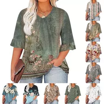 Женская мода, повседневная плиссированная футболка с v-образным вырезом и принтом, семиминутная футболка с рюшами и рукавами, топы больших размеров XXL армия зеленый