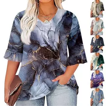 Женская мода, повседневная плиссированная футболка с v-образным вырезом и принтом, семиминутная футболка с рюшами и рукавами, топы больших размеров XXL