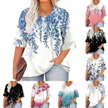 Женская мода, повседневная плиссированная футболка с v-образным вырезом и принтом, семиминутная футболка с рюшами и рукавами, топы больших размеров XXL чёрный