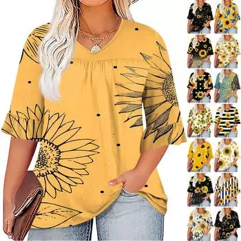 Женская мода, повседневная плиссированная футболка с v-образным вырезом и принтом, семиминутная футболка с рюшами и рукавами, топы больших размеров XXL чёрный