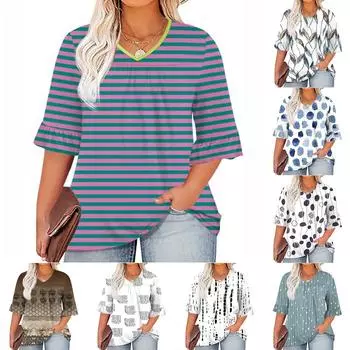 Женская мода, повседневная плиссированная футболка с v-образным вырезом и принтом, семиминутная футболка с рюшами и рукавами, топы больших размеров XXL чёрный