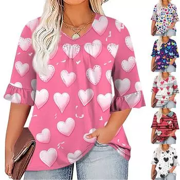 Женская мода, повседневная плиссированная футболка с v-образным вырезом и принтом, семиминутная футболка с рюшами и рукавами, топы больших размеров XXXL