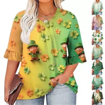 Женская мода, повседневная плиссированная футболка с v-образным вырезом и принтом, семиминутная футболка с рюшами и рукавами, топы больших размеров XXXL