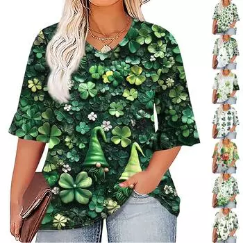 Женская мода, повседневная плиссированная футболка с v-образным вырезом и принтом, семиминутная футболка с рюшами и рукавами, топы больших размеров XL