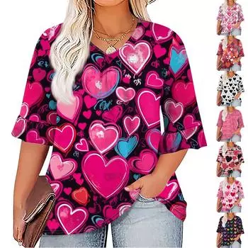 Женская мода, повседневная плиссированная футболка с v-образным вырезом и принтом, семиминутная футболка с рюшами и рукавами, топы больших размеров XXL