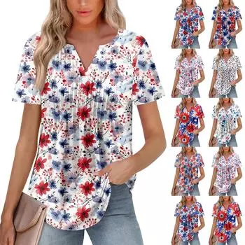 Женская мода повседневная плиссированная футболка с V-образным вырезом и коротким рукавом S