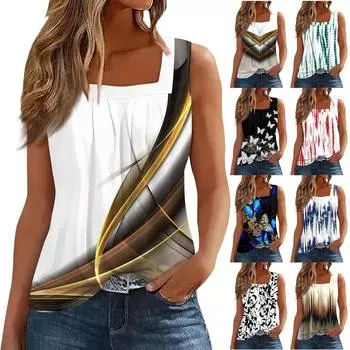 Женская мода повседневная плиссированная жилетка без рукавов с квадратным воротником и принтом летняя футболка L чёрный