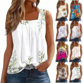 Женская мода повседневная плиссированная жилетка без рукавов с квадратным воротником и принтом летняя футболка XL синий