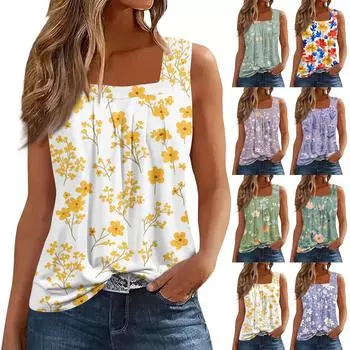 Женская мода повседневная плиссированная жилетка без рукавов с квадратным воротником и принтом летняя футболка L синий