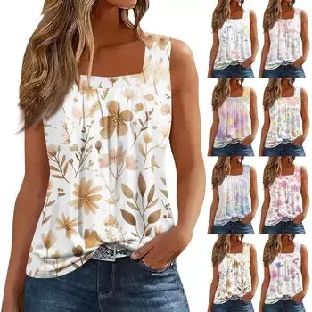 Женская мода повседневная плиссированная жилетка без рукавов с квадратным воротником и принтом летняя футболка L светло-коричневого