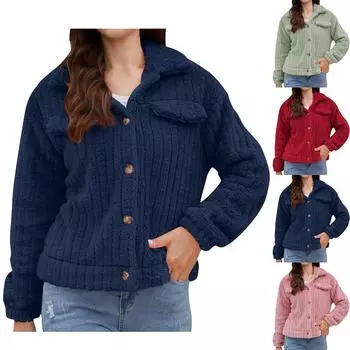 Женская мода повседневная плюшевая кардиган с длинными рукавами и лацканами короткое пальто M красный