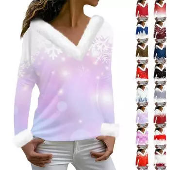 Женская мода повседневная плюшевая кофта с длинным рукавом и V-образным вырезом с рождественским принтом L чёрный