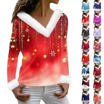 Женская мода повседневная плюшевая кофта с длинным рукавом и V-образным вырезом с рождественским принтом S