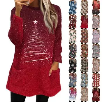 Женская мода повседневная плюшевая толстовка с длинным рукавом с принтом и карманами XXXL