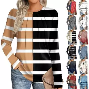 Женская мода повседневная полосатая, цветная пэчворк с длинным рукавом и круглым вырезом L чёрный