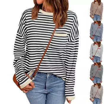 Женская мода повседневная полосатая футболка с круглым вырезом и небольшим карманом L чёрный