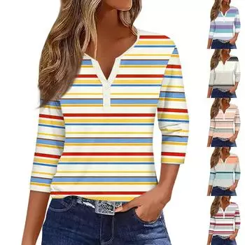 Женская мода Повседневная полосатая футболка с v-образным вырезом и декоративными пуговицами с рукавом три четверти Топ L бежевый