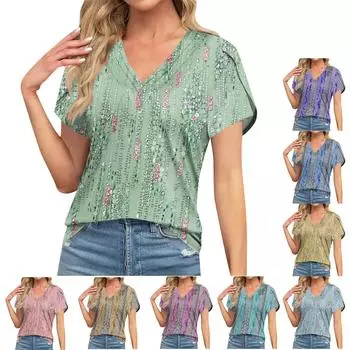 Женская мода, повседневная полосатая футболка с v-образным вырезом и принтом, свободная футболка с короткими рукавами, жилет, топ