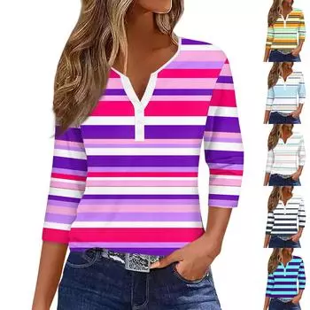 Женская мода Повседневная полосатая футболка с v-образным вырезом и декоративными пуговицами с рукавом три четверти Топ XXL чёрный