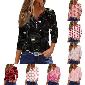 Женская мода Повседневная полосатая футболка с v-образным вырезом и декоративными пуговицами с рукавом три четверти Топ L чёрный